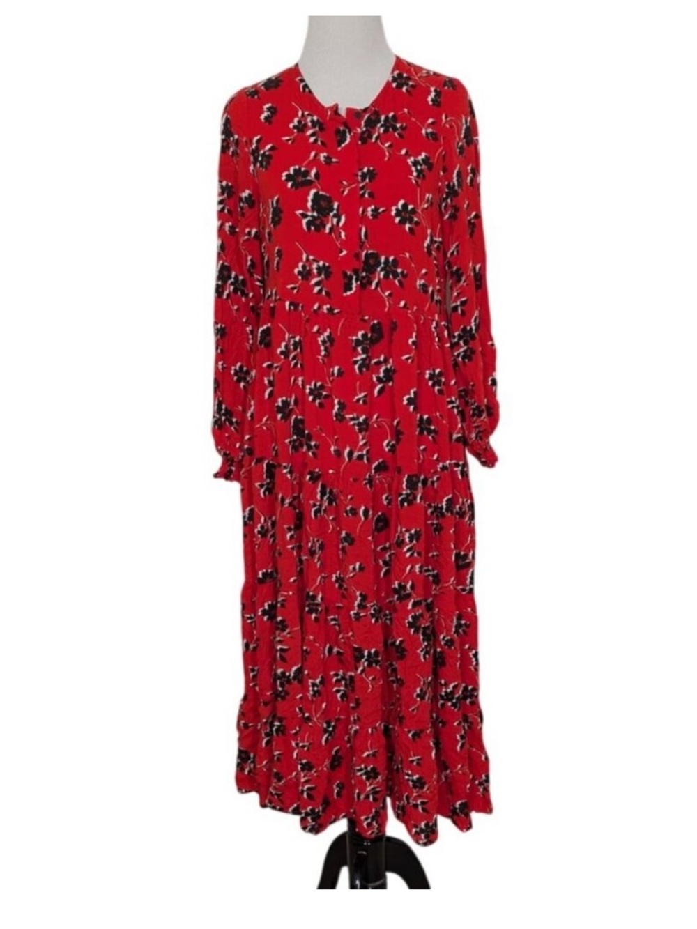 Zara Angel Floral Midi Dress Womens Size Small Red Flowy Tiered Lightweight